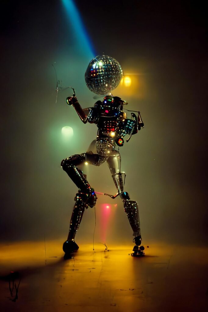 A retro-futuristic robot dancing with disco lights on stage, creating a vibrant and lively atmosphere.